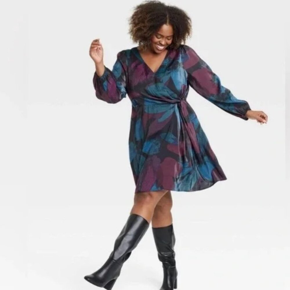 Ava & Viv Multi Jewel Tone Floral Faux Wrap Mini Dress NWT 4X Holiday Festive